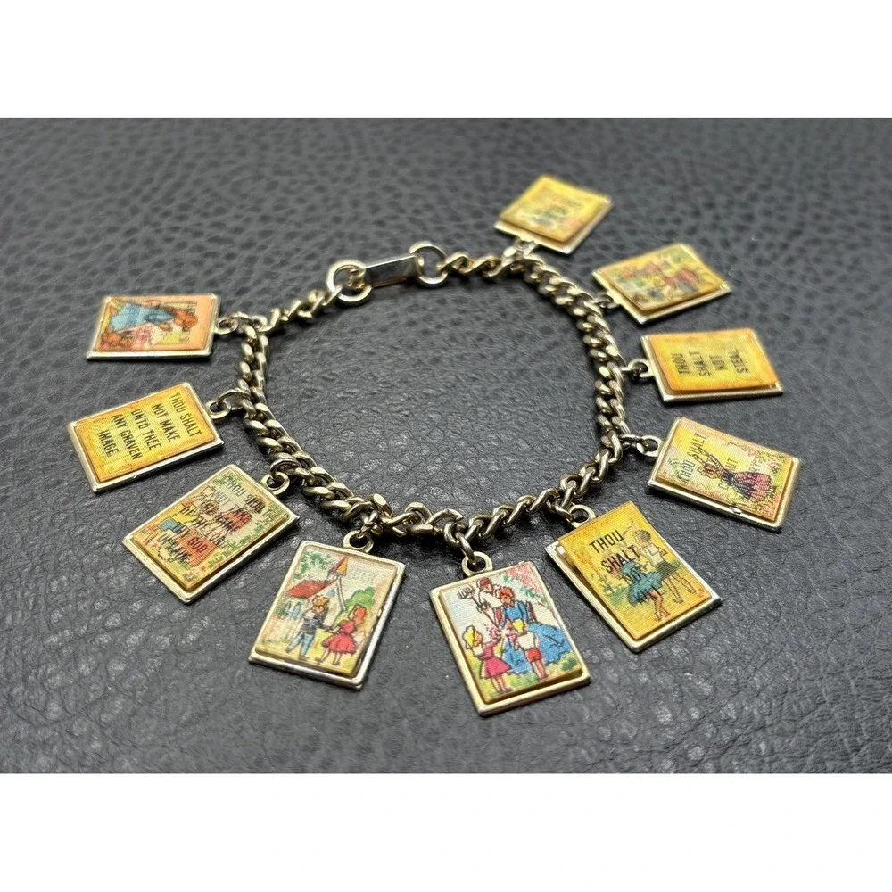 VTG 10 Commandments Holographic Lenticular Charm Bracelet Christian Gold Tone